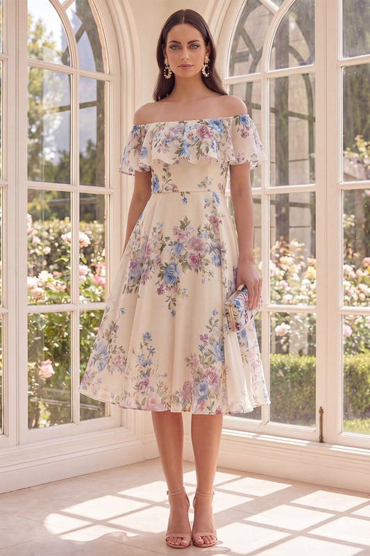 Off the Shoulder Apricot A Line Beach Midi Floral Dress with Ruffles