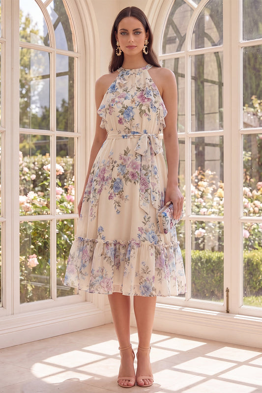 Floral Halter Apricot A Line Ruffled Beach Midi Dress with Bow