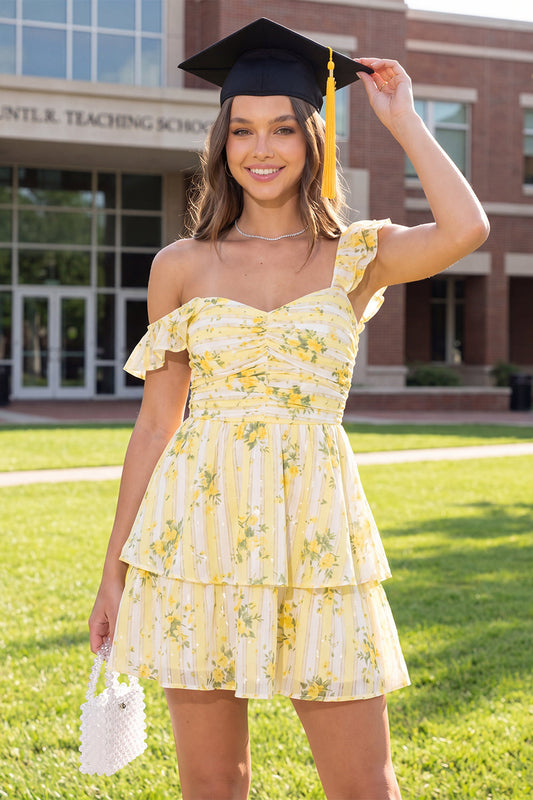 A-Line Yellow Floral Ruched Mini Graduation Dress with Ruffles