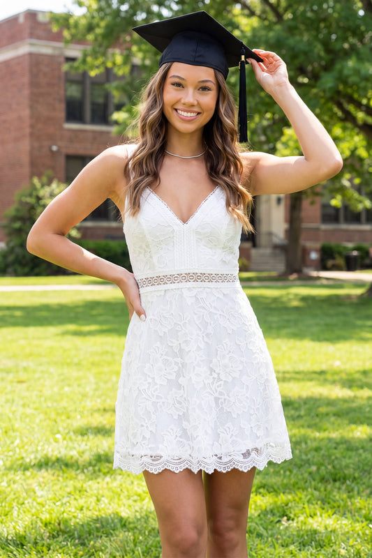 A-Line White Lace V-Neck Mini Graduation Dress
