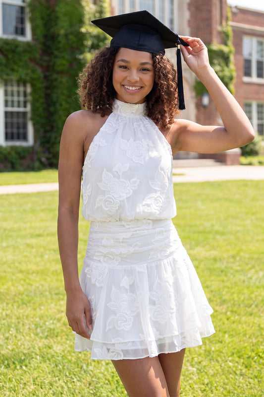 Halter Neck A-Line White Floral Mini Graduation Dress