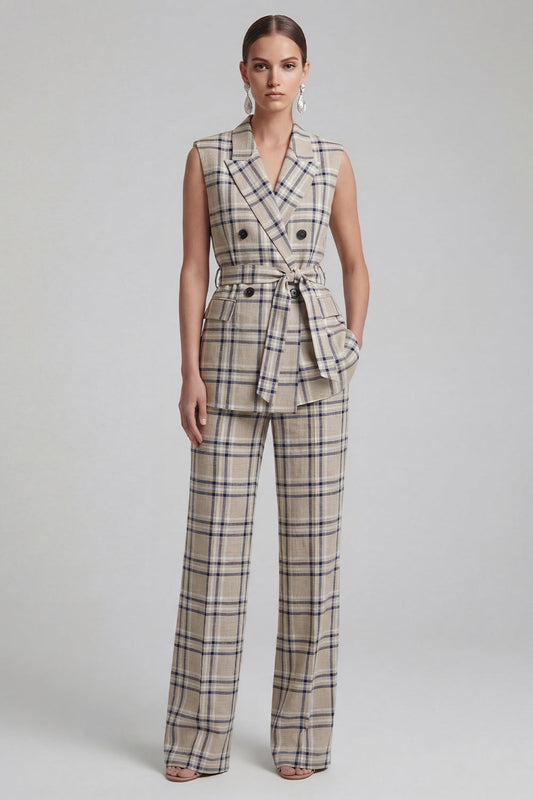 Costume pour femme croisé, 2 pièces, revers à revers crantés, à carreaux gris