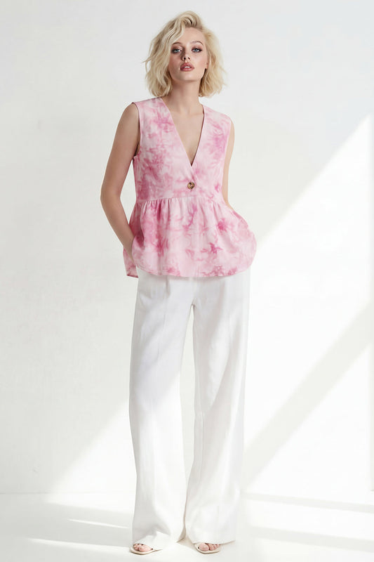 Ensemble deux pièces rose à col en V imprimé pour femme, avec un bouton