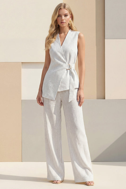 White Shawl Lapel Striped Wide Leg 2 Piece Business Suits with Sash