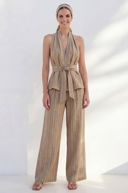 Khaki 2 Piece Halter Striped Wide Leg Business Suits with Belt
