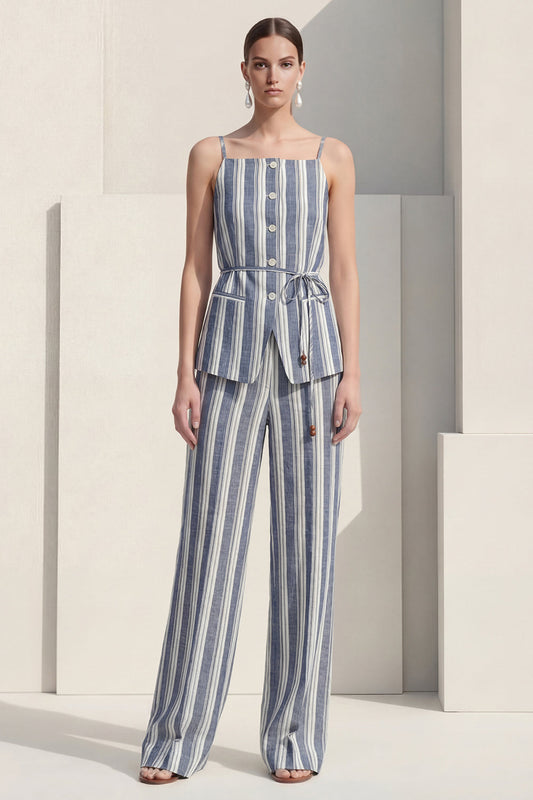 Ensemble tailleur-pantalon femme simple boutonnage à fines bretelles bleu poussière rayé, avec ceinture