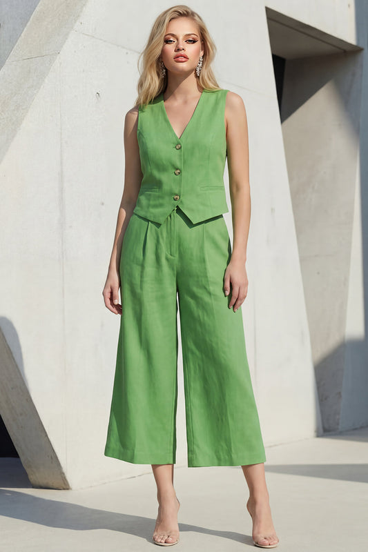 Costumes pour femmes ajustés mi-longs à col en V vert à simple boutonnage