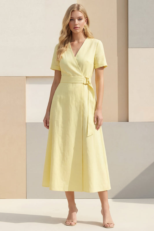 Light Yellow A-Line V-Neck Midi Satin Work Dress with Belt