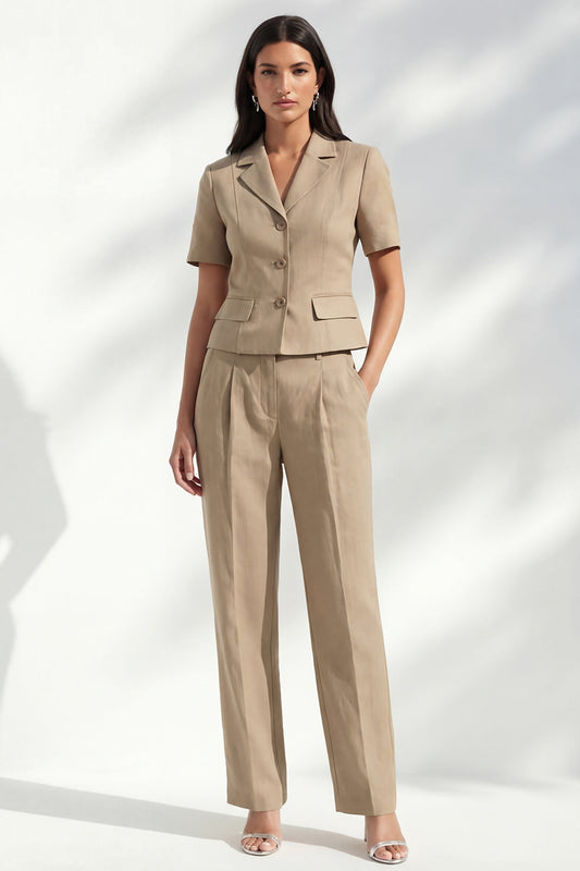 Costume Long Femme Kaki à Revers Crantés, Simple Boutonnage, Manches Courtes, Coupe Slim