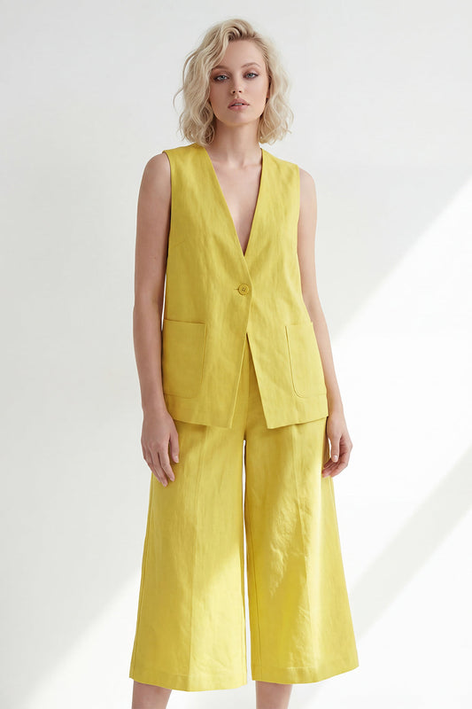 Butter Yellow V-Neck One Button Midi Sleevelsss Women Suit