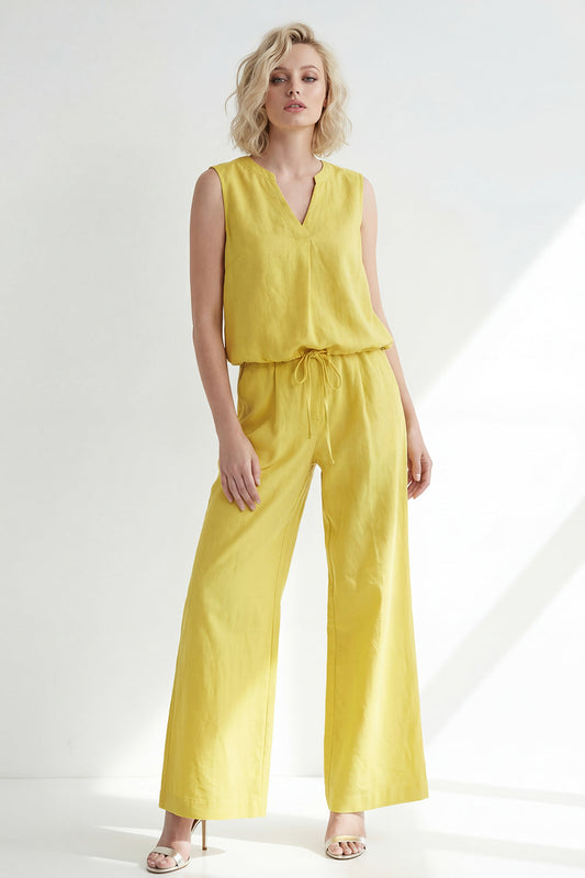 Butter Yellow V-Neck Slim Fit Long Women Suit with Belt