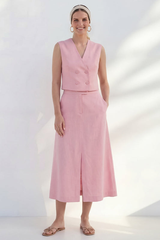 Robe de travail midi rose à double boutonnage, col en V et fente