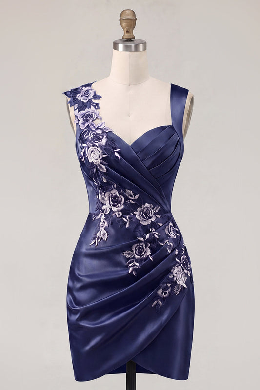 Navy Satin Ruched Embroidered Bodycon Short Prom Dress