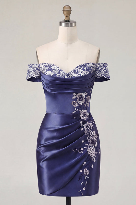 Off-the-Shoulder Navy Embroidered Satin Ruched Bodycon Short Prom Dress