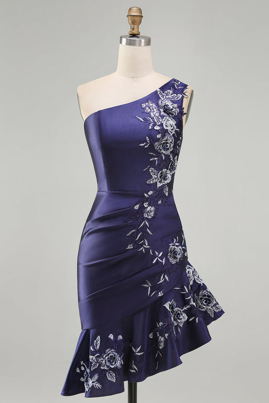 One Shoulder Navy Satin Asymmetrical Ruched Bodycon Mini Cocktail Dress