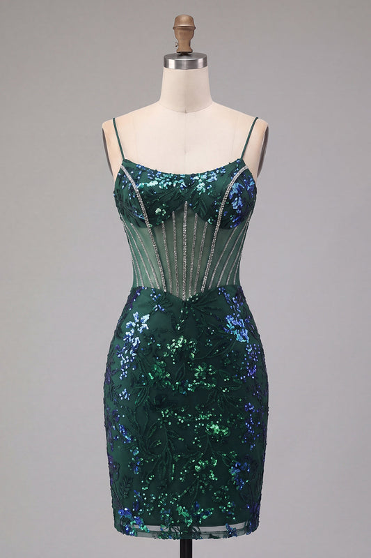 Robe courte de bal moulante corset pailletée vert foncé à motifs floraux