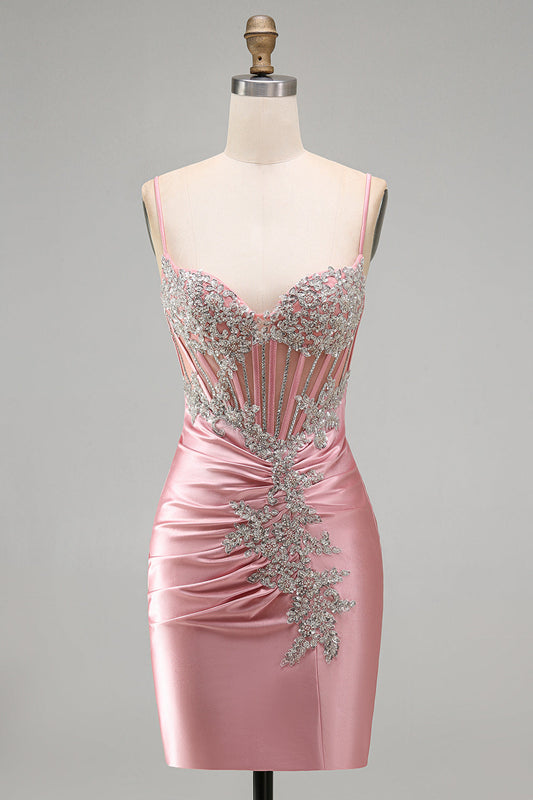 Robe Courte de Bal Moulante avec Corset et Fronces en Satin Blush avec Strass
