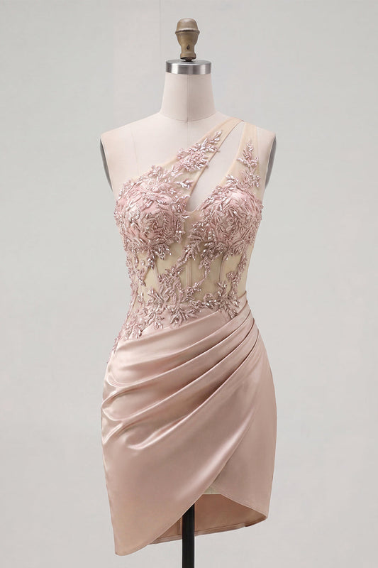 Champagne One Shoulder Bodycon Sheer Corset Ruched Mini Cocktail Party Dress with Beading