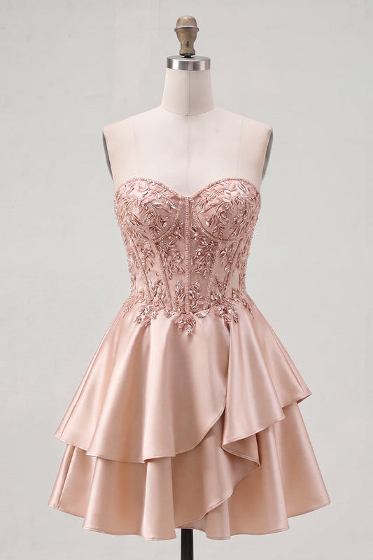 A-Line Champagne Sweetheart Sheer Corset Ruffled Short Prom Dress with Beading
