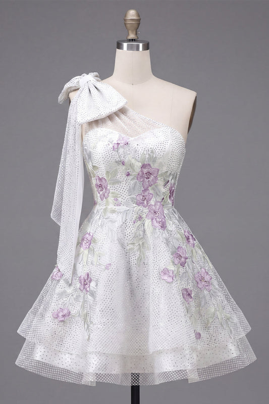 One Shoulder A-Line White Floral Beaded Short Prom Dress with Bow