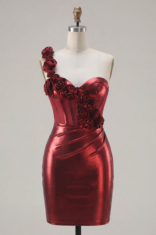 Metallic Burgundy One-Shoulder Floral Corset Bodycon Ruched Short Prom Dress