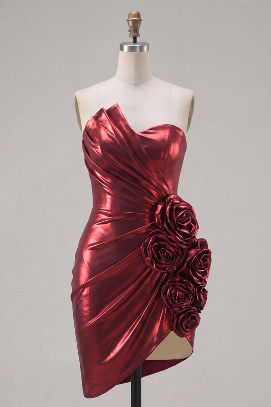 Metallic Burgundy Strapless Bodycon Ruched Short Prom Dress with 3D Flowers