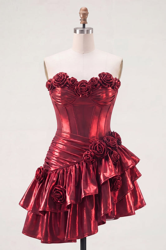 Metallic Burgundy A-Line Off-the-Shoulder Corset Short Prom Dress with 3D Flowers