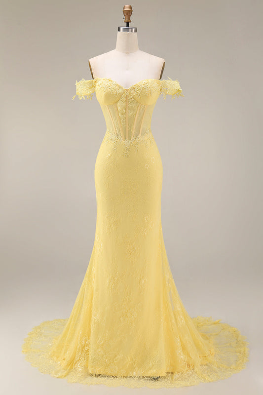 Lace Off the Shoulder Mermaid Corset Yellow Long Prom Dress
