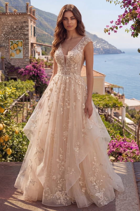 Champagne A-Line Backless Ruffle Long Prom Dress with Appliques
