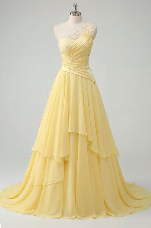 Chiffon Butter Yellow A-Line One Shoulder Ruched Maxi Dress