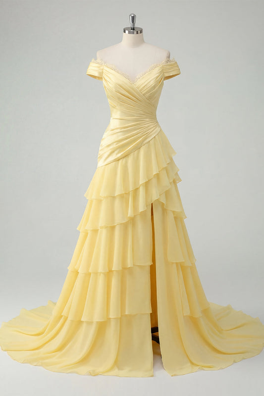 Off the Shoulder Chiffon Butter Yellow A-Line Ruched Tiered Maxi Dress with Slit