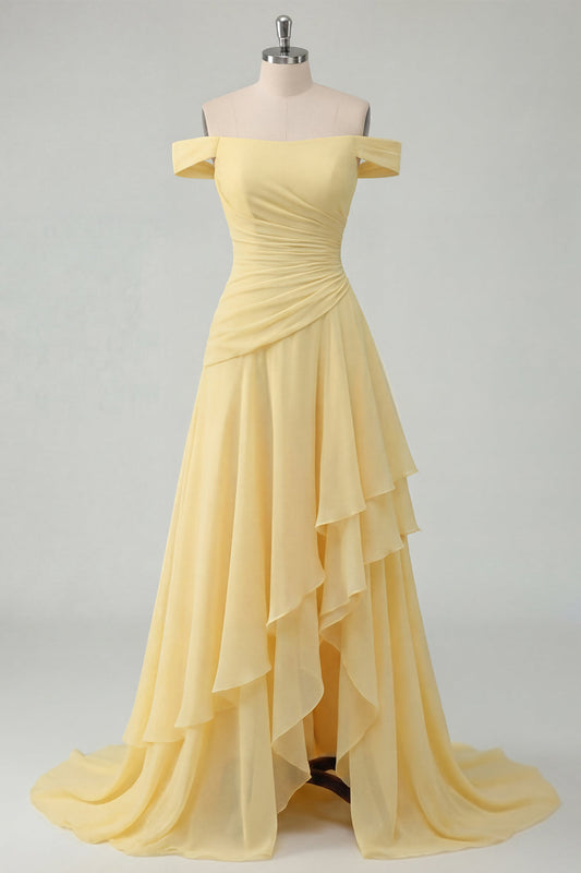 Off the Shoulder Chiffon Butter Yellow A-Line Ruched Maxi Dress with Slit