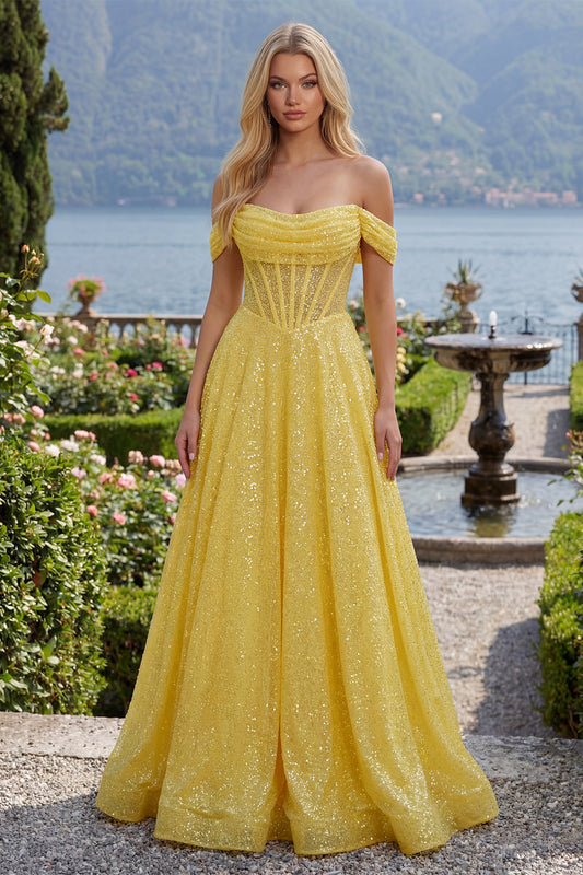 Sparkly A-Line Yellow Off the Shoulder Corset Sequins Long Prom Dress