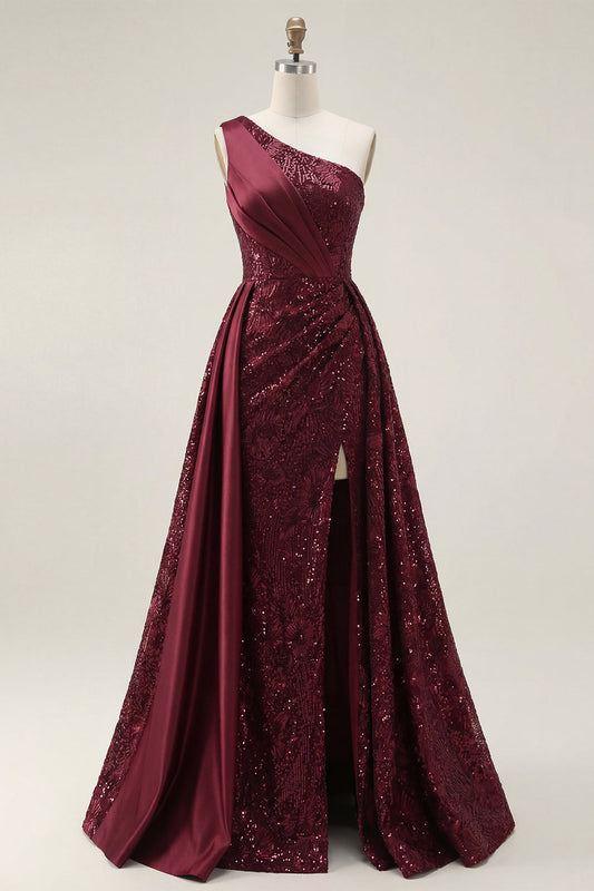 Sparkly Burgundy A-Line One-Shoulder Sequined Long Prom Dress with Slit