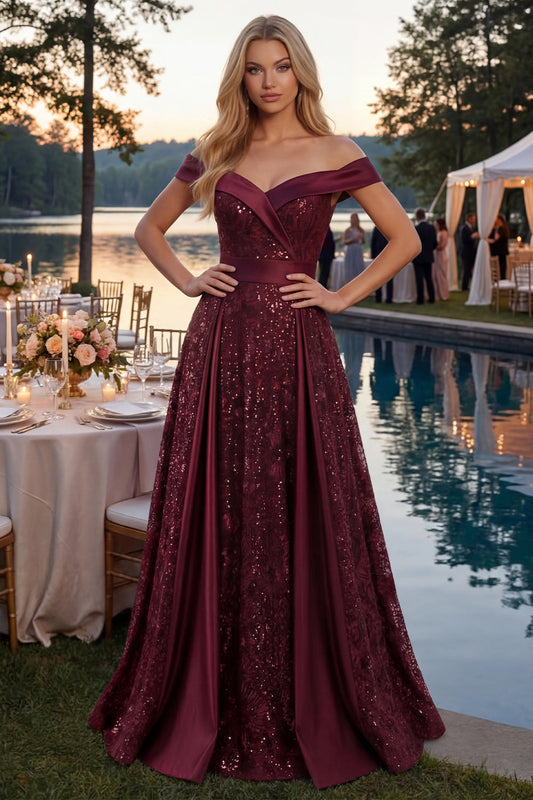 Sparkly Off-the-Shoulder Burgundy A-Line Sequined Long Prom Dress