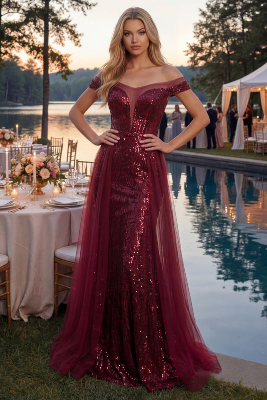 Sparkly A-Line Off-the-Shoulder Burgundy Sequin Long Prom Dress