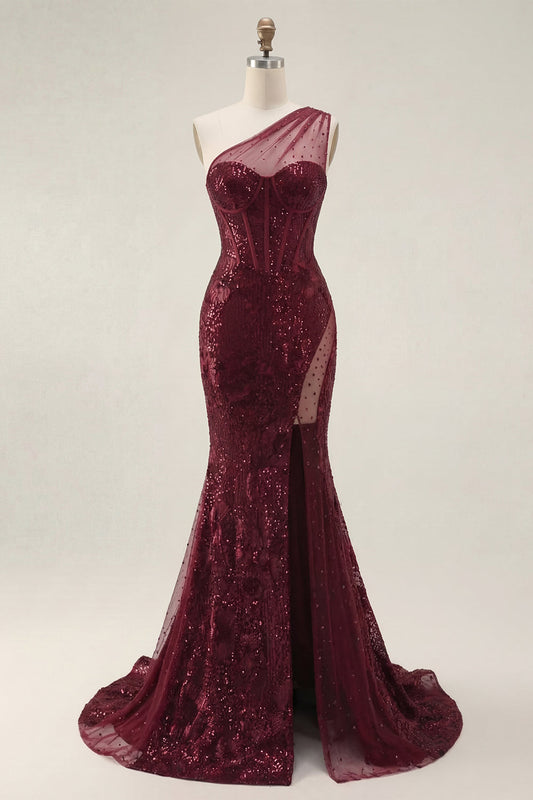 Sparkly Burgundy Sequins Mermaid One Shoulder Long Prom Dress with Slit