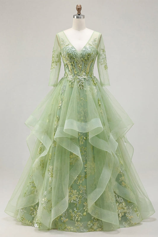 Robe de soirée longue verte, ligne A, corset, col en V, appliqués et volants