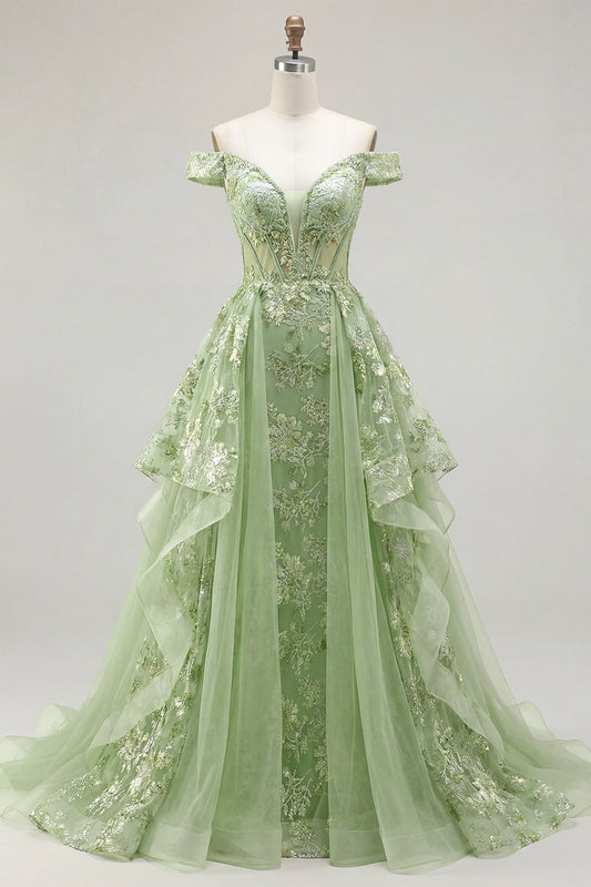 Robe longue de bal verte trapèze brodée avec corset, épaules dénudées, motif floral et volants