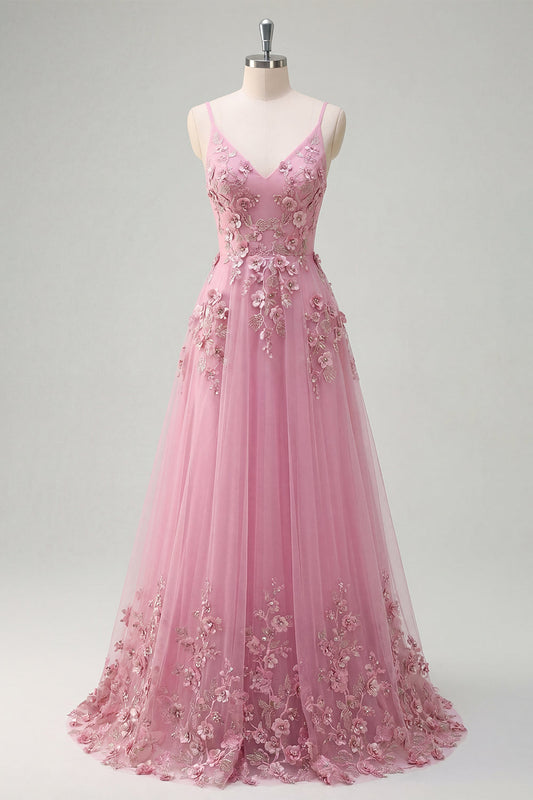Robe de bal longue évasée à bretelles spaghetti et fleurs 3D appliquées Taro