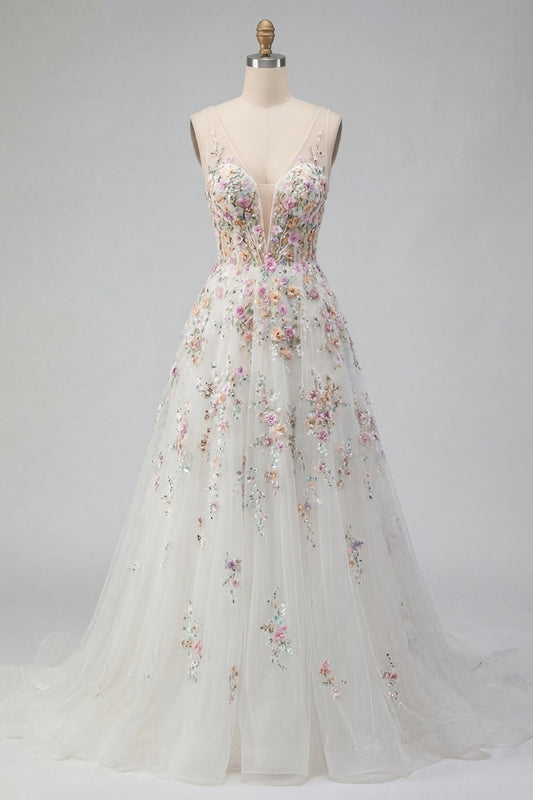 White A-Line Sequin Long Wedding Dress with 3D Flowers