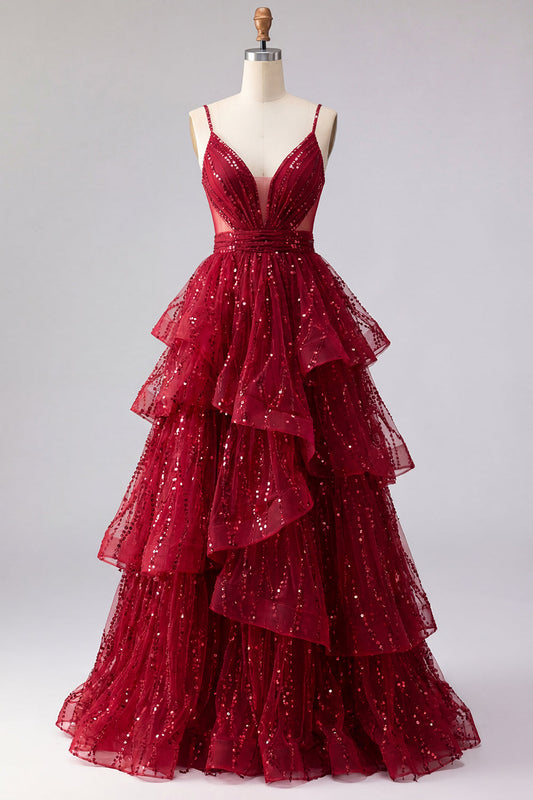 Sparkly Burgundy Spaghetti Straps A-Line Long Sequin Prom Dress with Ruffles