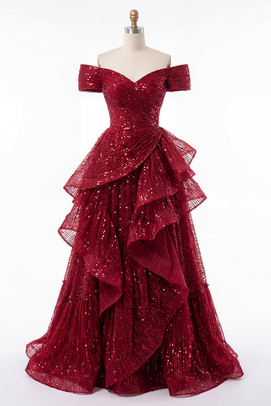 Sparkly Burgundy Off the Shoulder Sequin Ruched Long Prom Dress with Ruffles