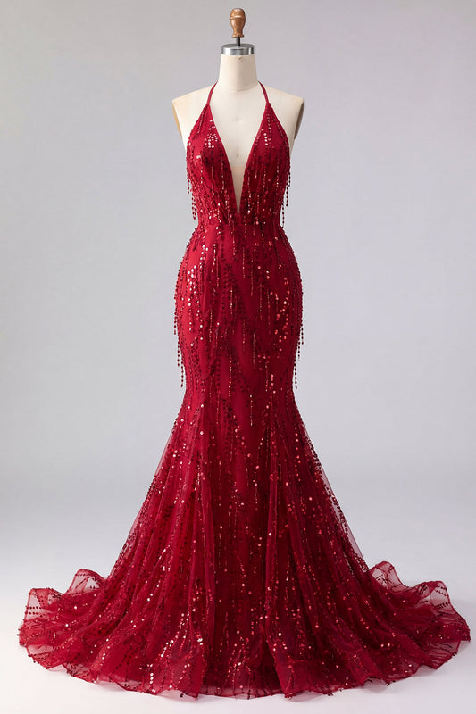 Sparkly Burgundy Halter Backless Mermaid Long Beaded Prom Dress with Fringes