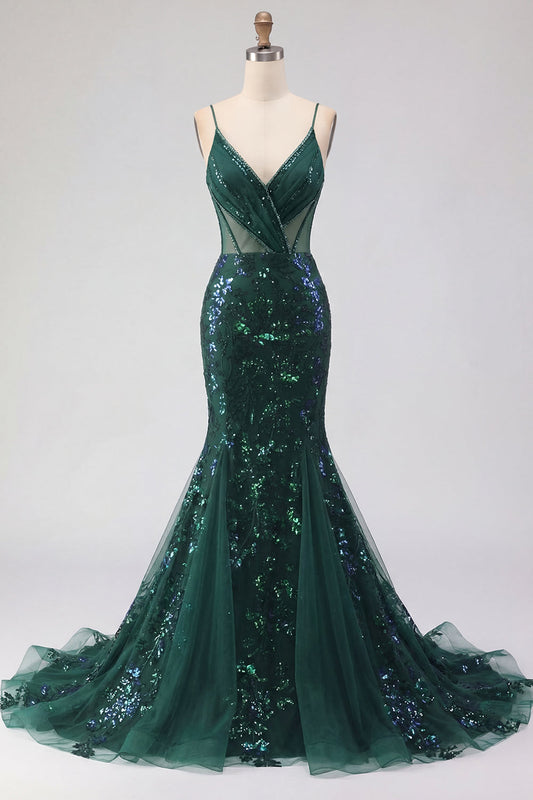 Sparkly Dark Green Mermaid Spaghetti Strap Sequin Tulle Long Prom Dress with Appliques