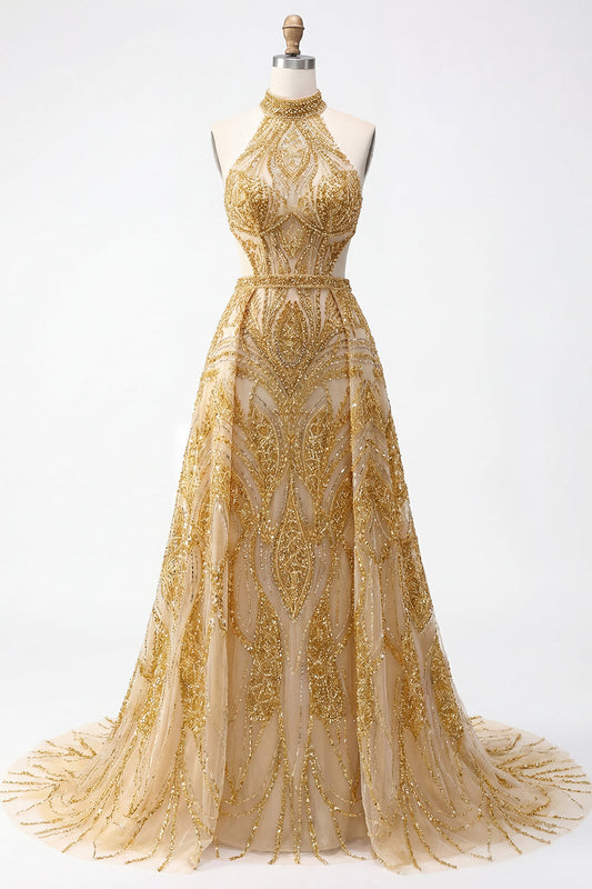 Sparkly Golden Halter A-Line Hollow Long Prom Dress with Beading