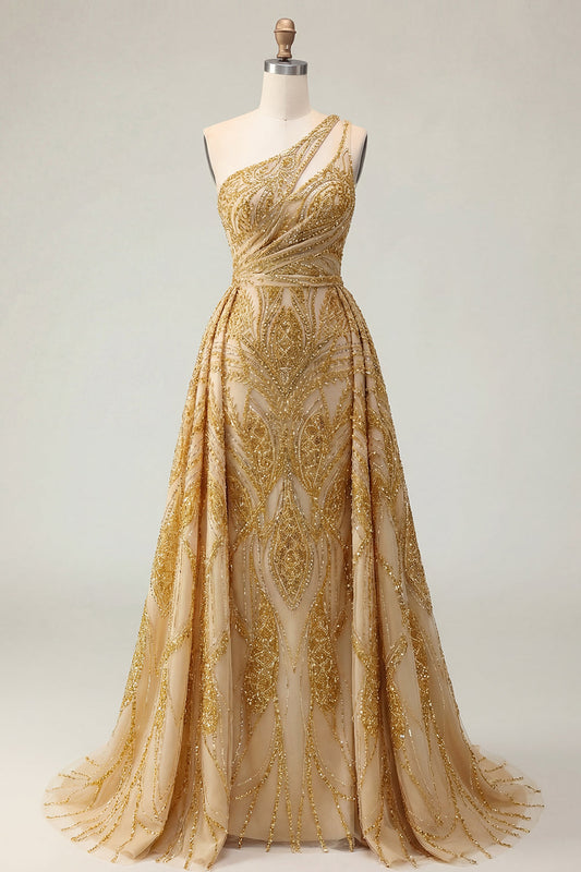 Sparkly Golden Mermaid One Shoulder Beaded Long Prom Dress with Chapel Train