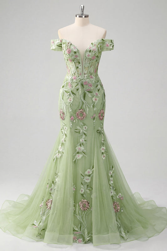 Robe de bal sirène verte en tulle brodé à épaules dénudées