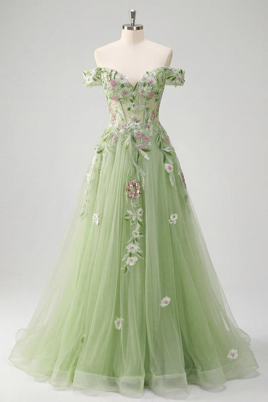 Off The Shoulder Floral Corset Green A Line Prom Dress