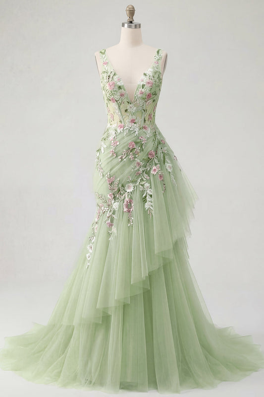 Green Floral V-Neck Ruffled Mermaid Appliqued Prom Dress